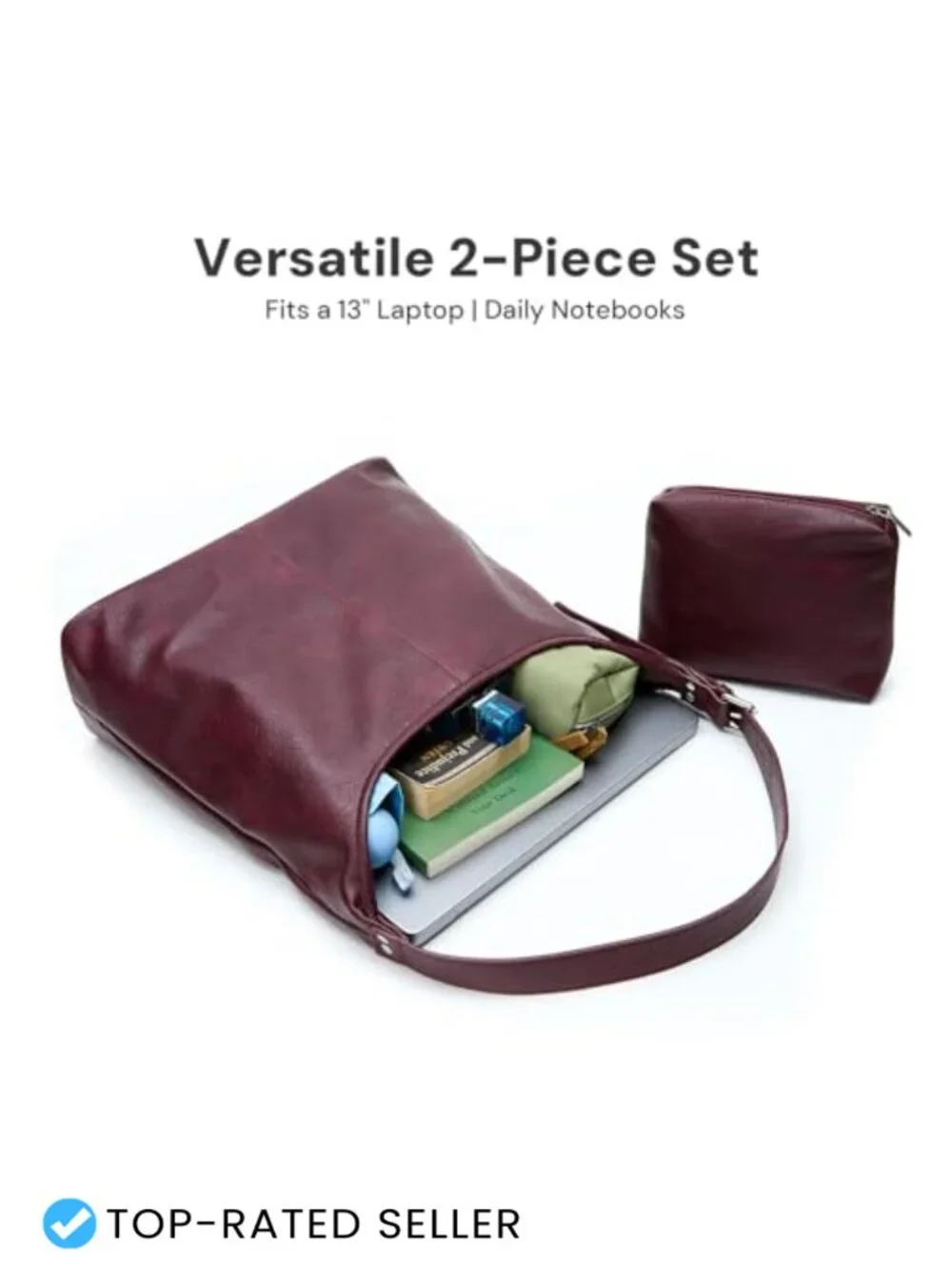 Vegan Leather Slouchy Hobo Shoulder Tote with Matching Pouch, Laptop Bag
